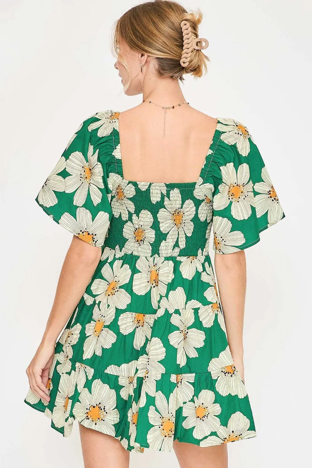 Full Size Daisy Print Mini Dress with Ribbon Details Plus Size in Green - product view 3