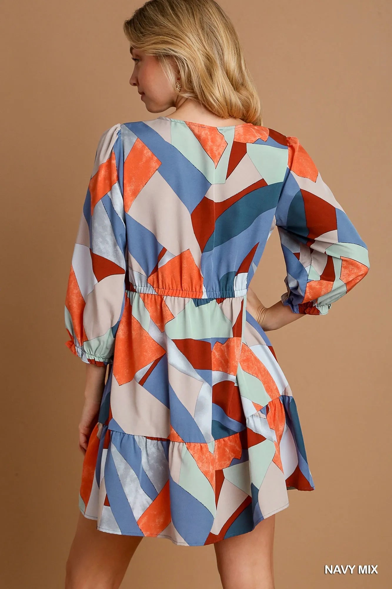 Abstract V-Neck Tiered Printed Dress - Navy Mix - product view 4