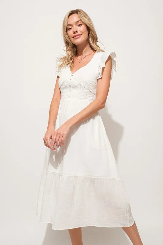 Ruffle Sleeve Front Smocked Tiered Midi Dress in Off White - product view 1