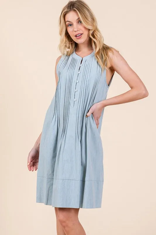 Denim Pintuck Detail Sleeveless Midi Dress in Lt Denim - product view 11