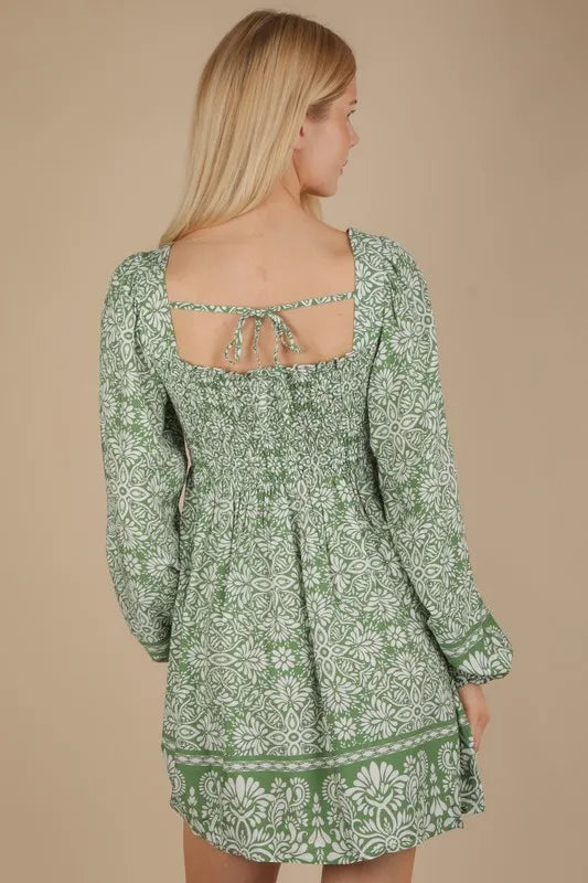 Printed Smocked Chest Boho Mini Dress - Green - product view 4