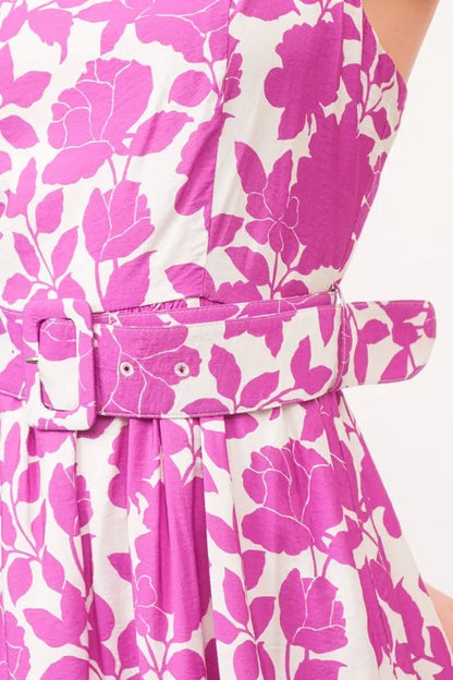 Square Neck Belted Floral Printed Midi Dress in Magenta - product view 7
