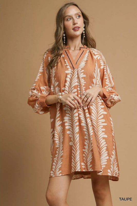 Leaf Print Notched Mini Babydoll Dress in Taupe - product view 1