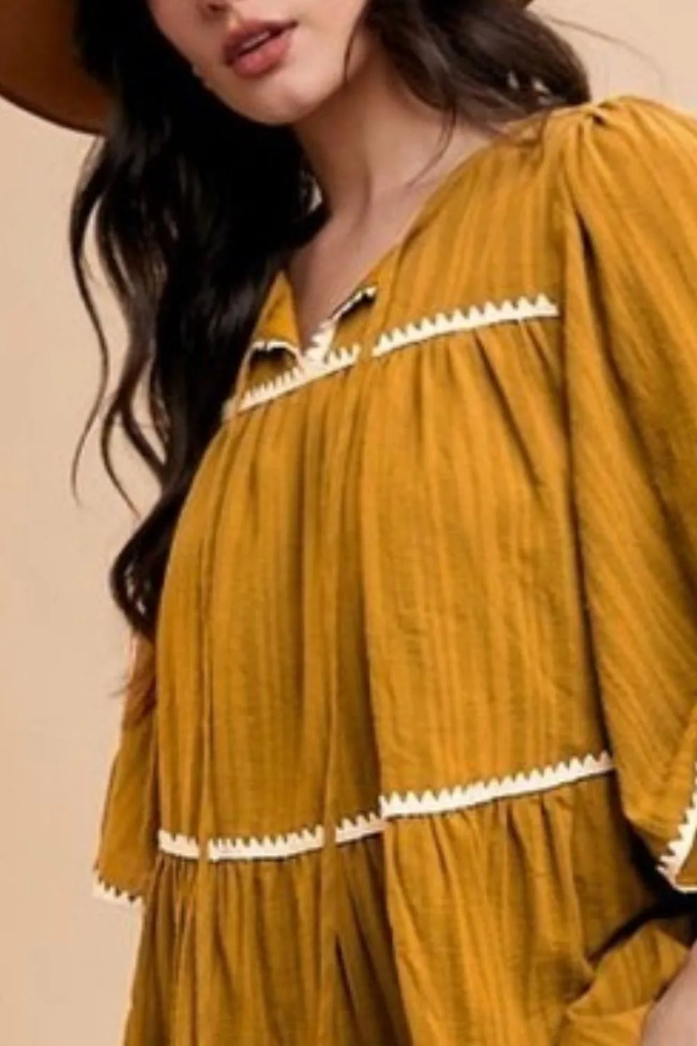 Tassel Contrast Trim Tie Neck Half Sleeve Tiered Dress - Mustard - product view 2