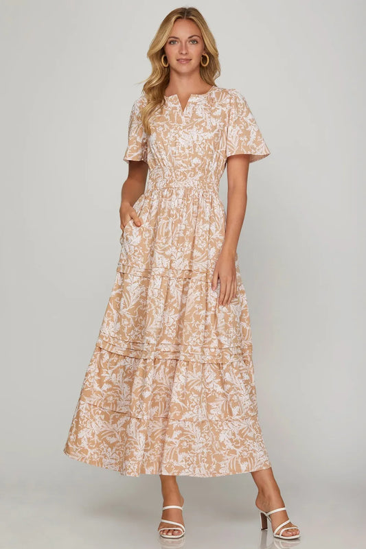 Printed Notched Woven Tiered Pintuck Maxi Dress with Side Pockets in Apricot - product view 1