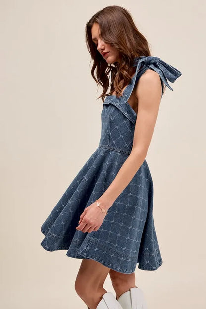 A-Line Fit and Flare Diamond Bow Ribbon Denim Dress - product view 2