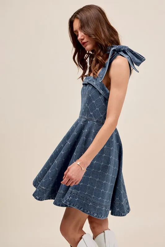 A-Line Fit and Flare Diamond Bow Ribbon Denim Dress - product view 2
