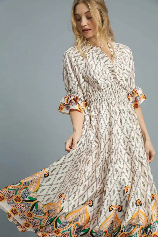 Printed Smocked Waist Flounce Sleeve Midi Dress - Ivory - product view 2