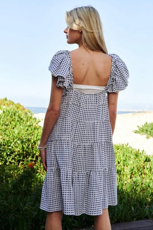 Jacquard V-Neck Flutter Cap Sleeve Tiered Dress in Black Ivory - product view 4