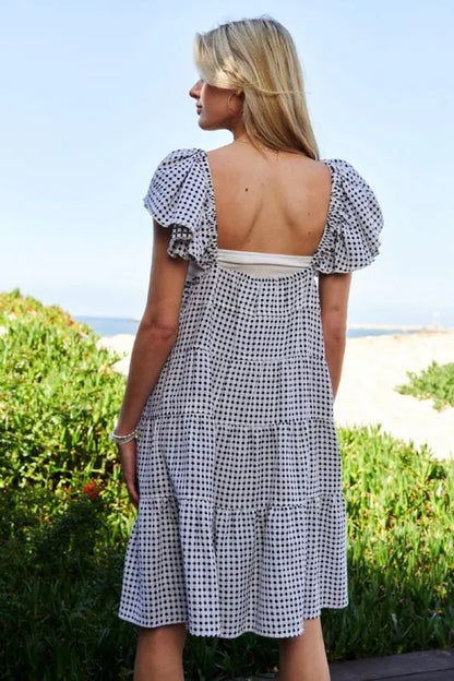 Jacquard V-Neck Flutter Cap Sleeve Tiered Dress in Black Ivory - product view 4