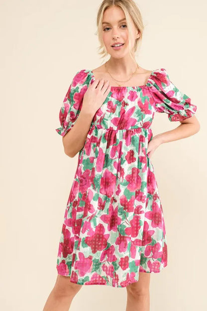 Smocked Floral Ruffle Short Sleeve Mini Dress in Fuchsia - product view 5