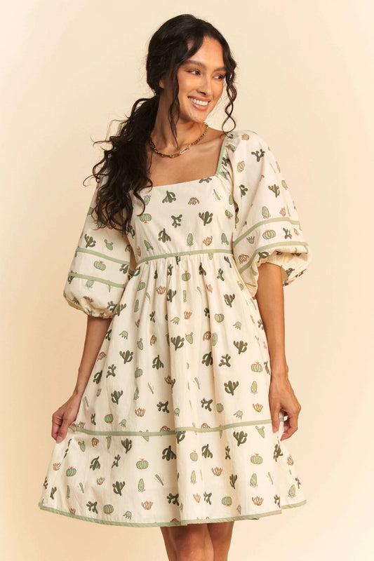 Cactus Printed Poplin Contrast Piping Mini Dress in Cream/Green - product view 1