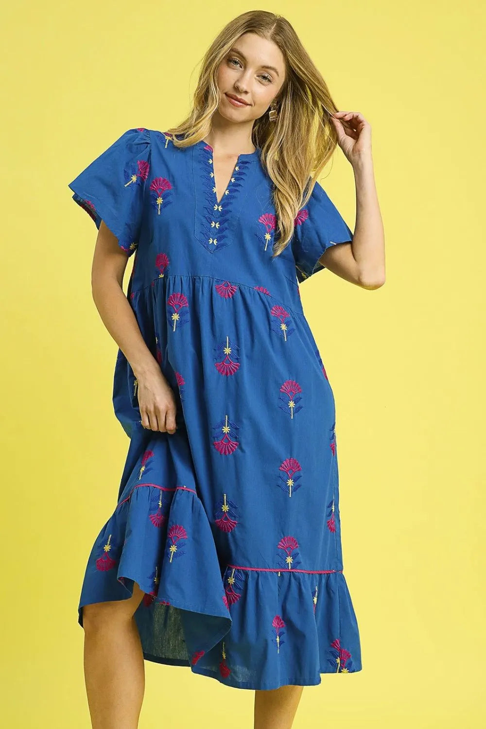 Embroidered Tiered Midi Dress in Dark Blue - product view 1