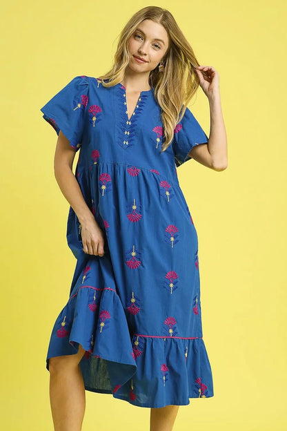 Embroidered Tiered Midi Dress in Dark Blue - product view 1