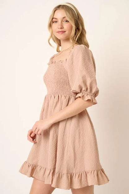 Smocked Ruffled Hem Half Sleeve Mini Dress in Taupe - product view 3