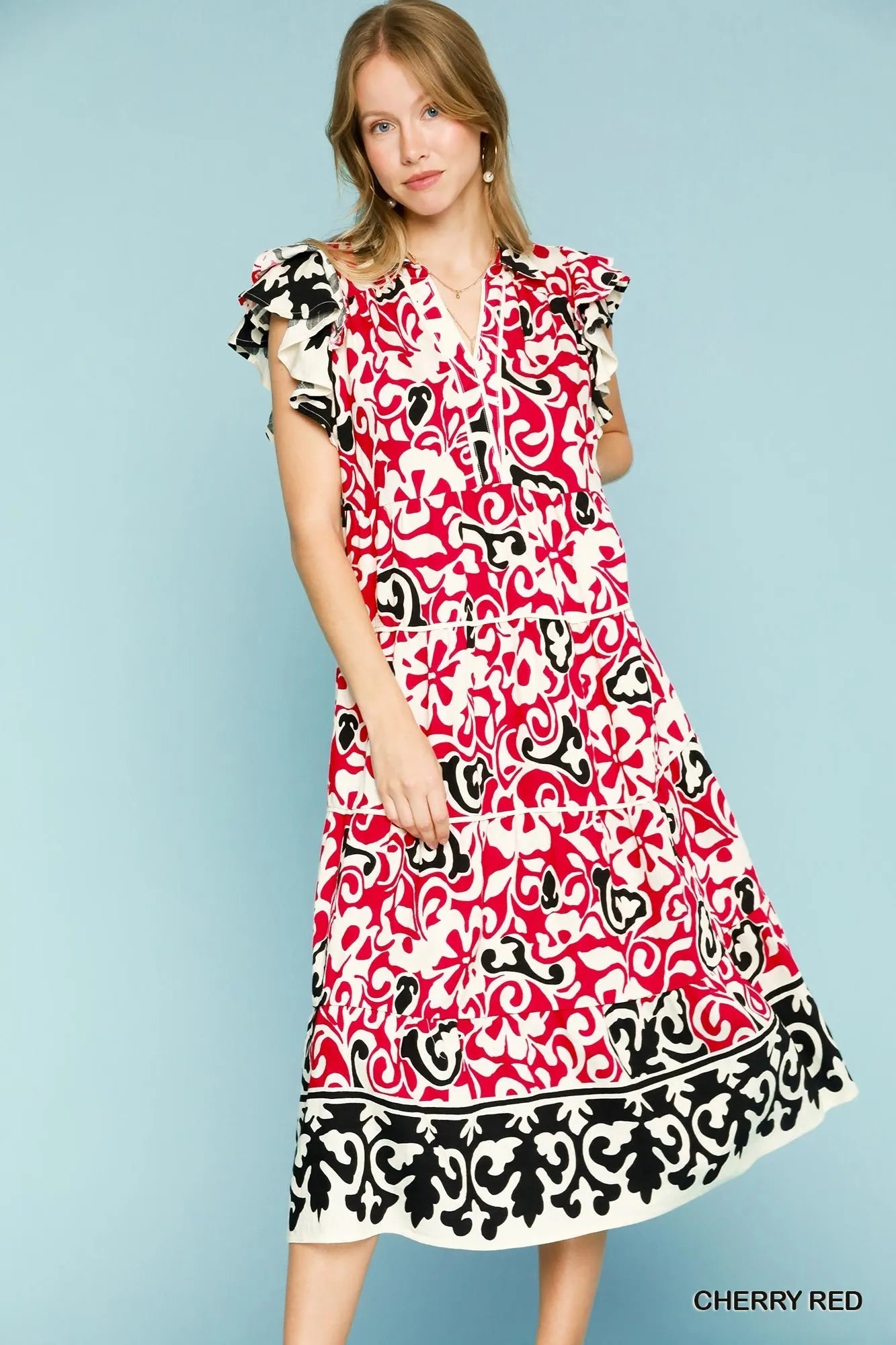 Printed Ruffled Cap Sleeve Midi Dress in Cherry Red - product view 1