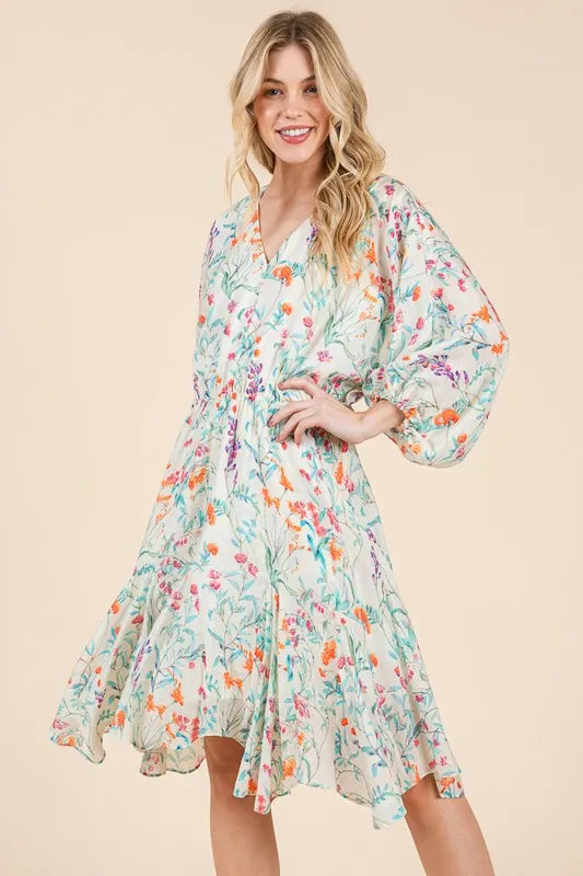 Floral Cinched Waist Balloon Sleeve V-Neck Dress in Ivory Floral - product view 1