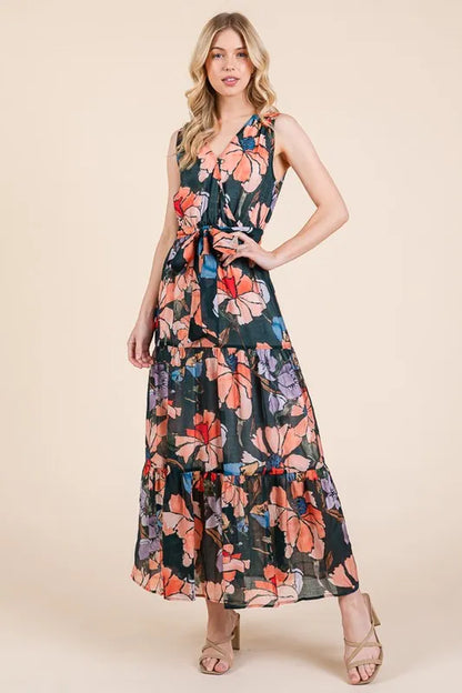 Floral Print Sleeveless Tie Waist Maxi Dress in Multi - product view 11