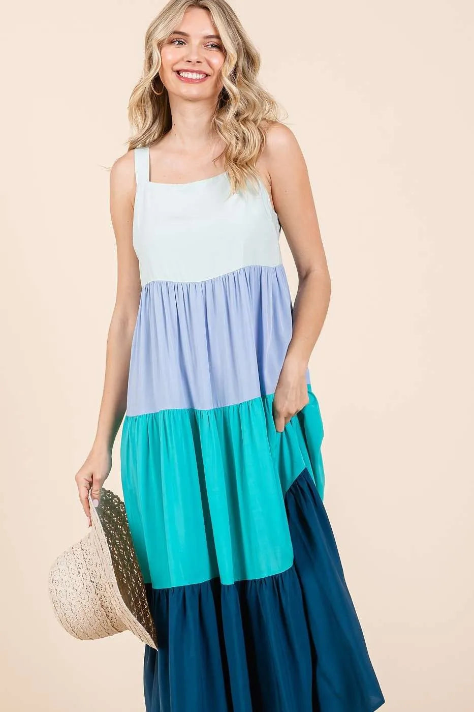 Color Block Tiered Pull-On Maxi Dress - Blue Multi - product view 2