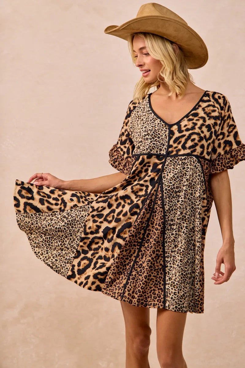 Leopard Prints Mix and Match Short Sleeves Dress in Leopard Mix - product view 2