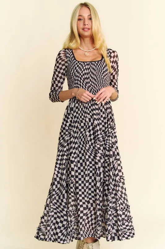 Printed Checker Mesh Flowy Maxi Dress in Black - product view 9