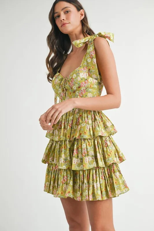 Floral Print Shoulder Tie Layered Mini Dress - Kiwi - product view 5