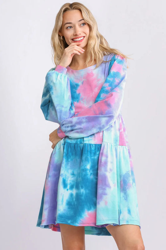 Full Size Tie Dye Round Neck Long Sleeve Babydoll Tiered Dress Plus Size in Teal/Pink - product view 1