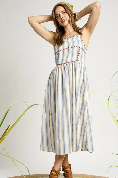 Striped Colorful Embroidered Trim Cami Dress - Light Blue - product view 2