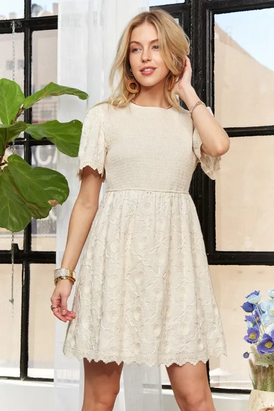 Rround Neck Crinkle Babydoll Dress in Beige - product view 14
