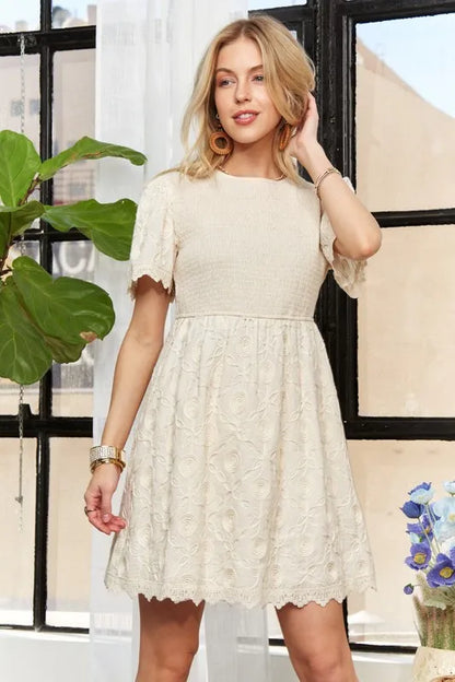 Rround Neck Crinkle Babydoll Dress in Beige - product view 14