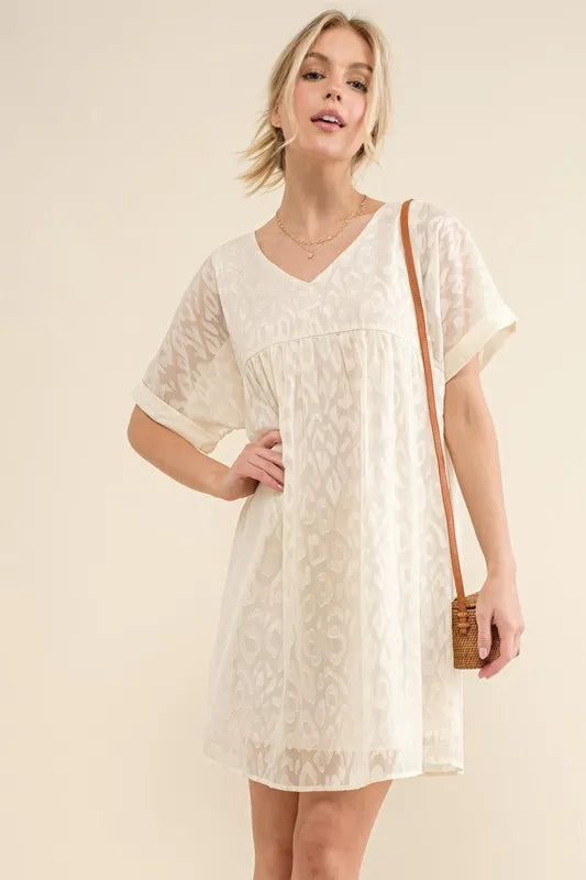 Woven Leopard Baby Doll Roll-Sleeve Casual Dress - White - product view 5