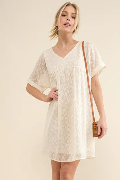 Woven Leopard Baby Doll Roll-Sleeve Casual Dress - White - product view 5