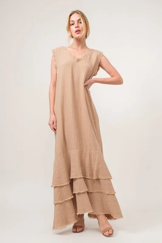 Washed Cotton Gauze Fringe Detail Tiered Dress - Sand - product view 1
