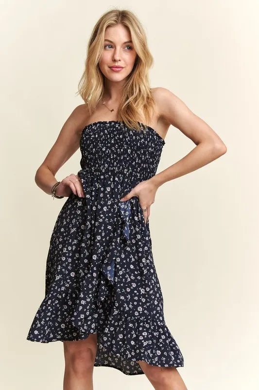 Smocked Floral Tube Dress with Pockets in Navy - product view 2