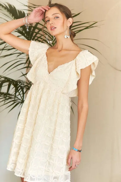 Tie Back V-Neck Ruffle Sleeve Dress in Ivory - product view 3