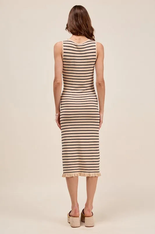 Stripe Sleeveless Sweater Knit Maxi Dress With Ruffled Hem - Oatmeal/Black - product view 3