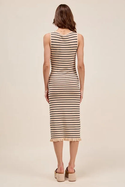 Stripe Sleeveless Sweater Knit Maxi Dress With Ruffled Hem - Oatmeal/Black - product view 3