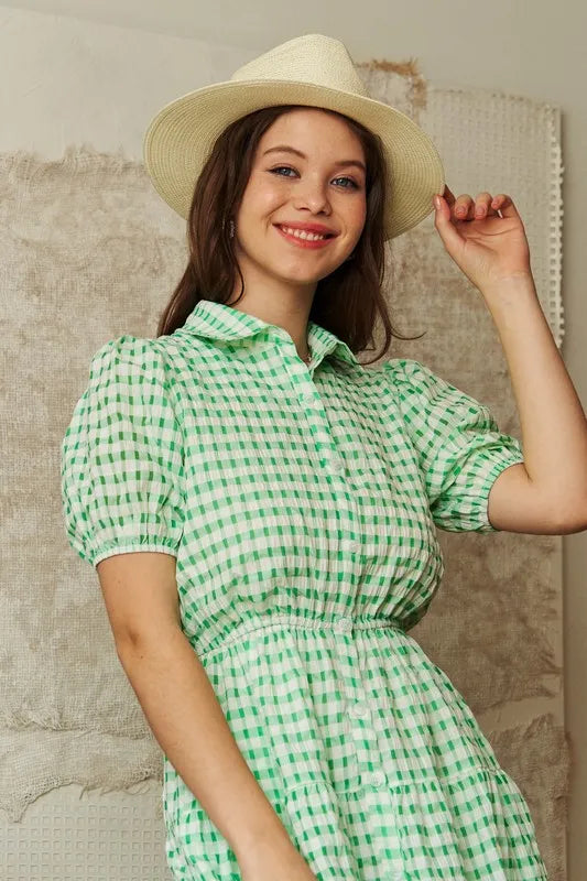 Checkered Puff Sleeve Tiered Shirt Dress in Green - product view 7