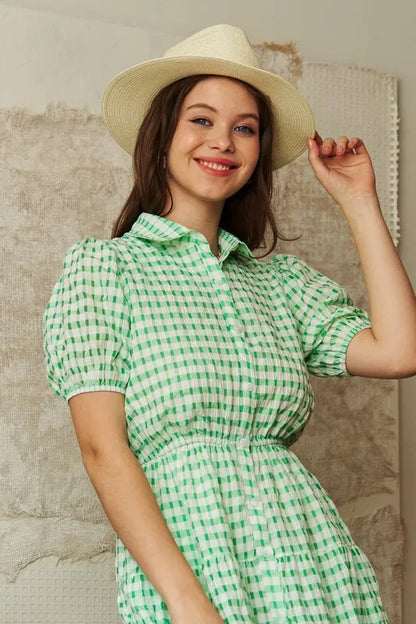 Checkered Puff Sleeve Tiered Shirt Dress in Green - product view 7