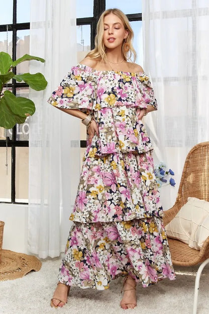 Layered Floral Off-Shoulder Short Sleeve Maxi Dress - Mauve - product view 1