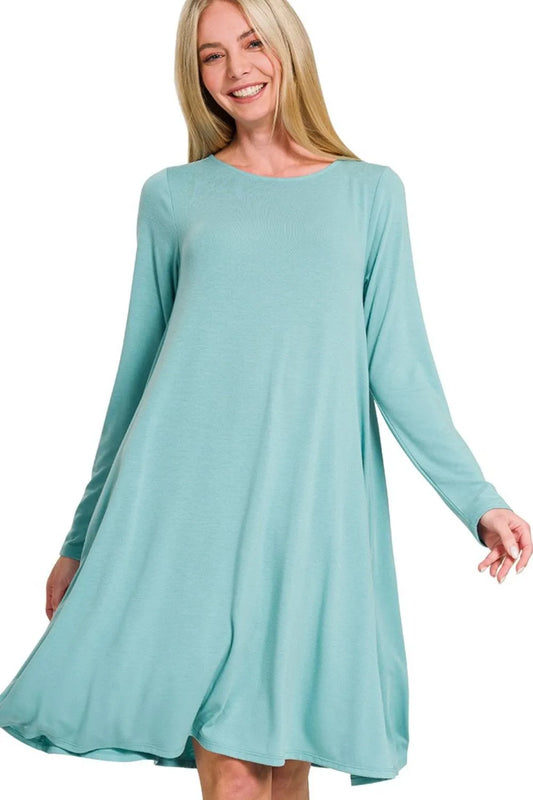 Long Sleeve Flare Dress With Pockets - Dusty Teal - product view 1