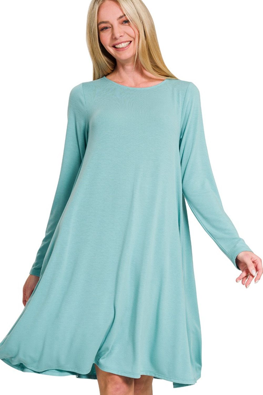 Long Sleeve Flare Dress With Pockets - Dusty Teal - product view 4