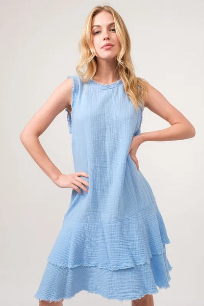Washed Fringe Detail Tiered Dress in Baby Blue - product view 2