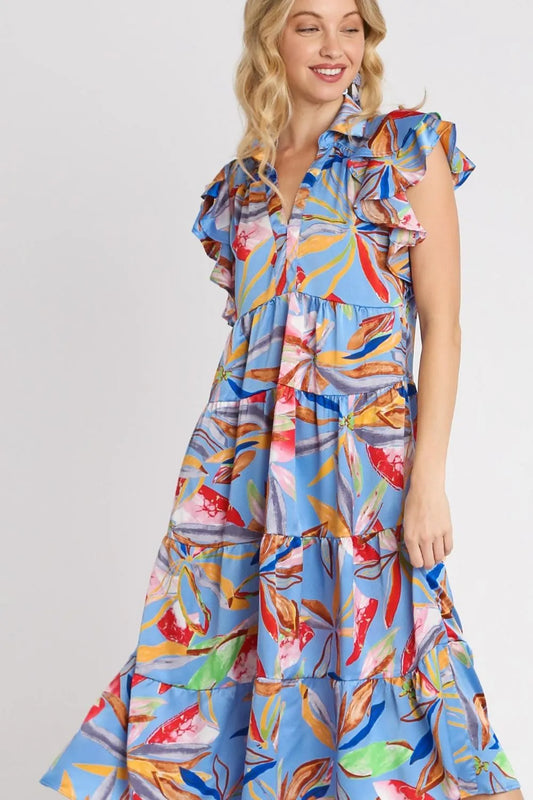 Full Size Leaf Print Double Layered Ruffle Sleeve Tiered Midi Dress Plus Size - Periwinklemix - product view 2