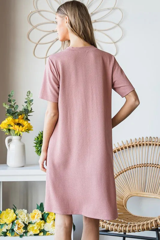 Full Size Solid Ribbed Mini Dress with Button Plus Size in Rose - product view 12