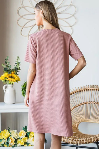 Full Size Solid Ribbed Mini Dress with Button Plus Size in Rose - product view 12