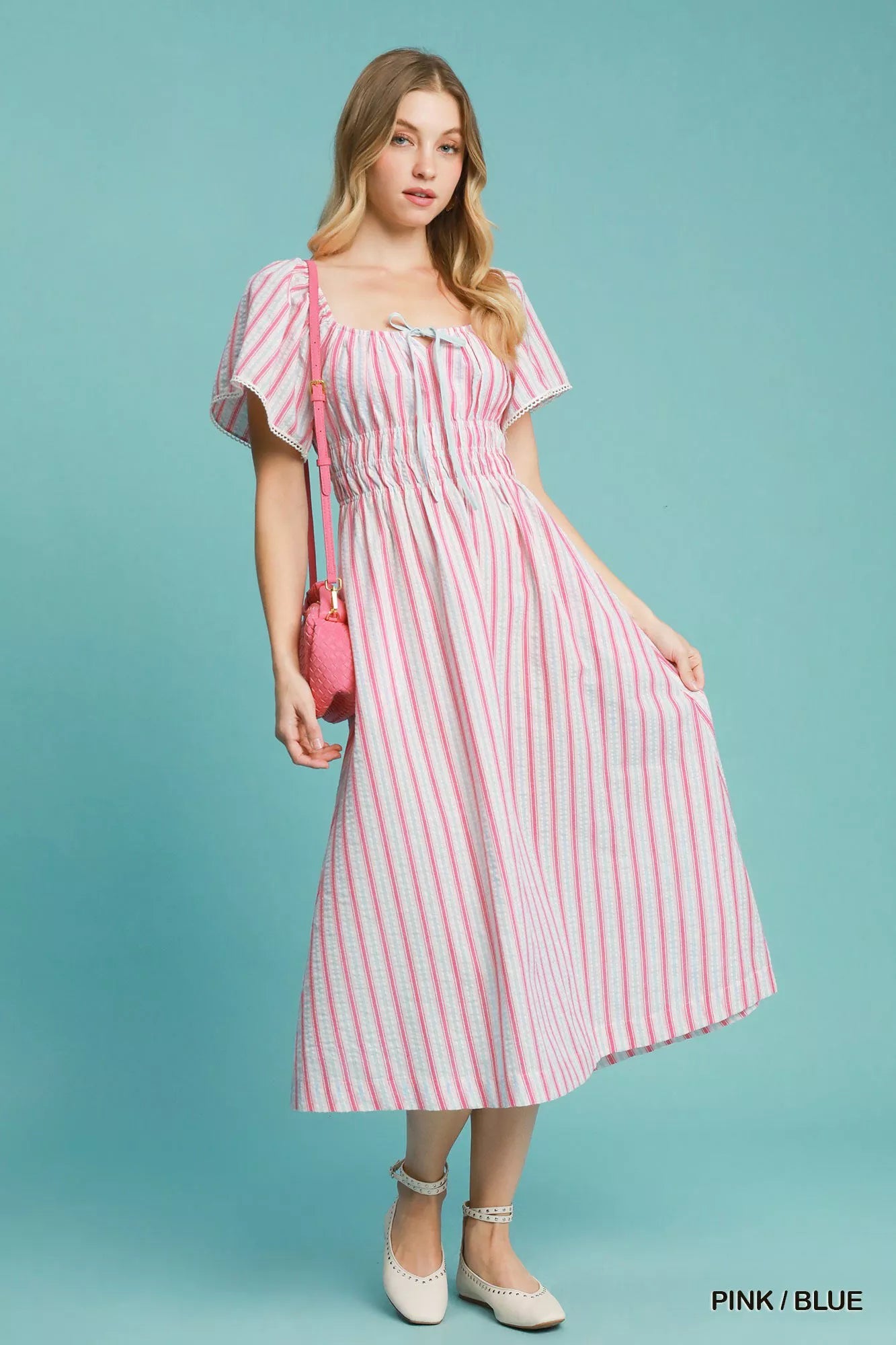 Smocked Striped Short Sleeve Midi Dress in Pink / Blue - product view 1