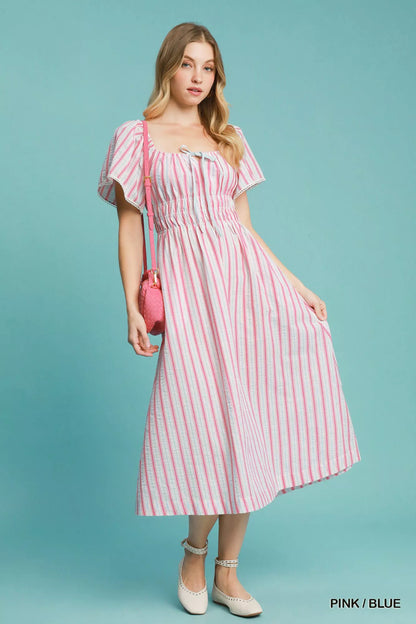 Smocked Striped Short Sleeve Midi Dress in Pink / Blue - product view 1
