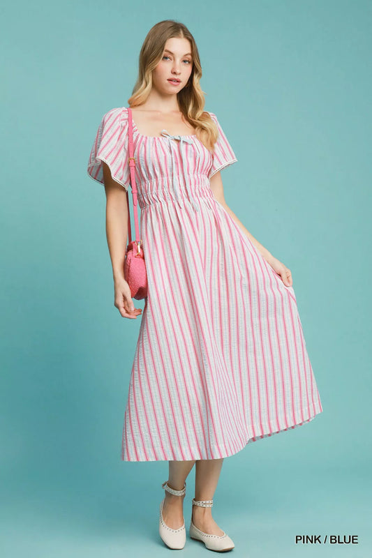Smocked Striped Short Sleeve Midi Dress in Pink / Blue - product view 1