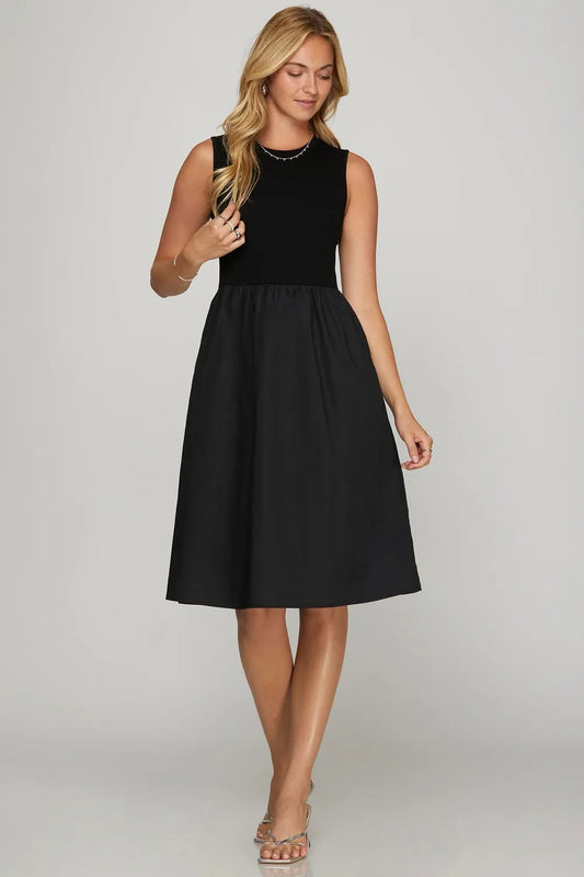 Full Size Sleeveless Poplin Woven Midi Dress with Pockets Plus Size - Black - product view 1